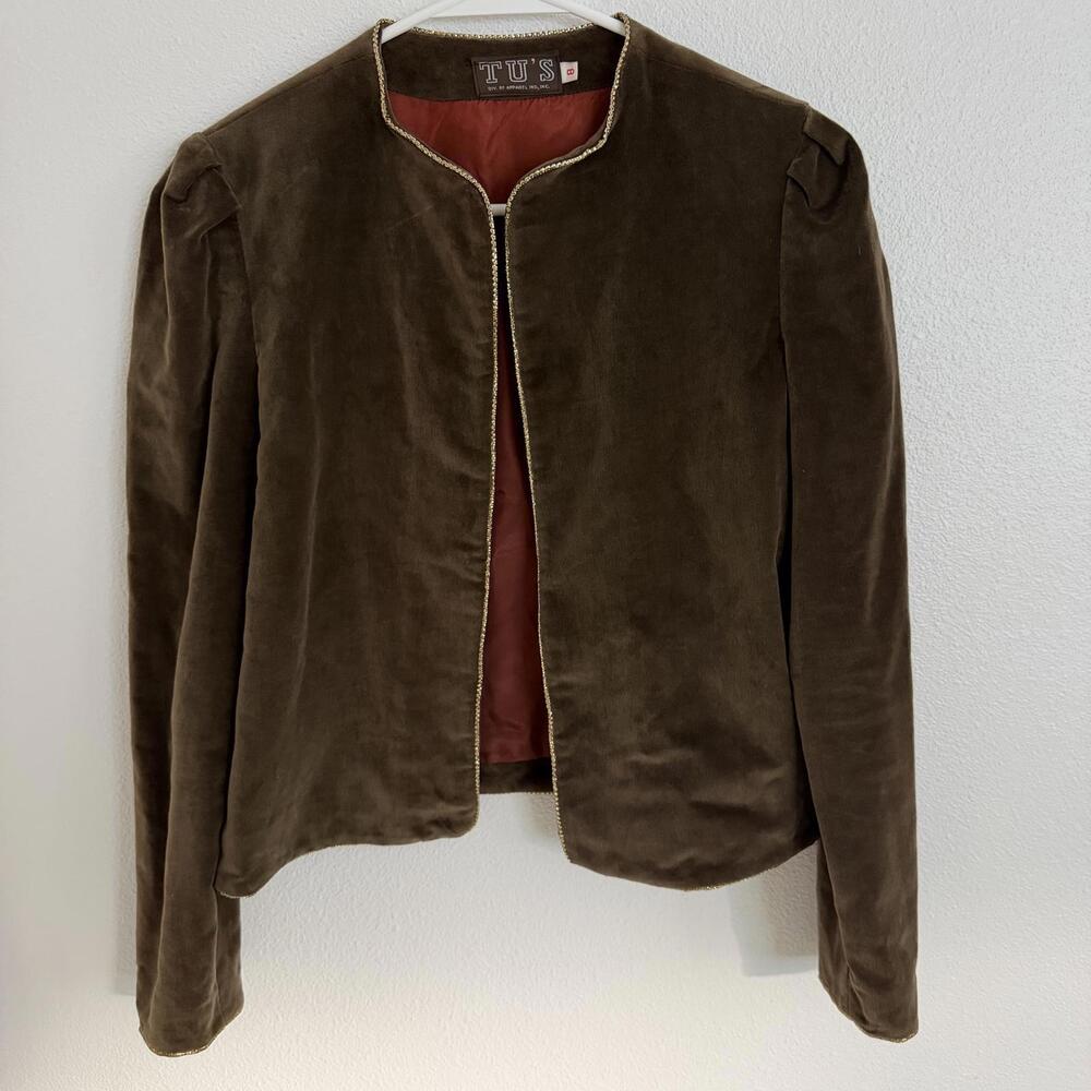 Vintage 70’s Brown Velvet Puff Sleeves Jacket Gold Trim Union Made In USA Size M